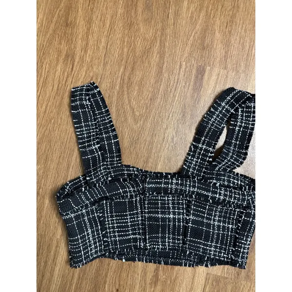 H&M Black White Tweed Plaid Bustier Crop Top Sleeveless Frayed Edges Small‎ y2k - Image 3