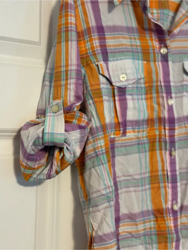 Lauren Ralph Lauren Roll-tab Button Down Purple Orange Mint Plaid Camp Shirt XS - Image 3