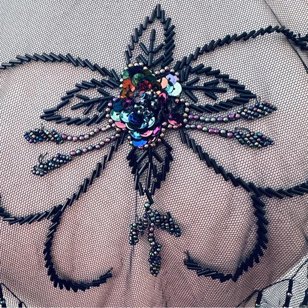 Vintage Beaded Black Mesh Caplet Collar Scarf with Fringe & Sequins - Image 9