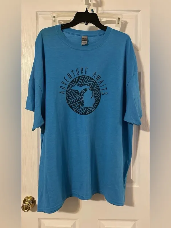 Gildan Blue Short Sleeve Tee with 'Adventure Awaits' Graphic - Image 2