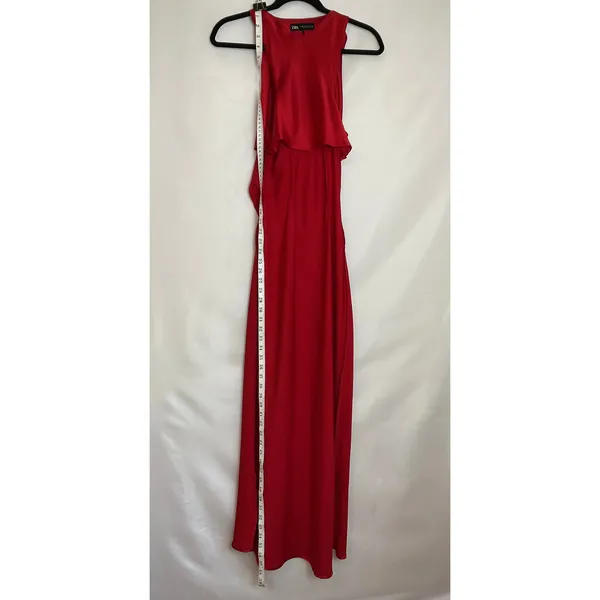 Zara Red Satin Maxi Dress XS Draped Neck Ruched Waist Sleeveless Evening Gown - Image 7
