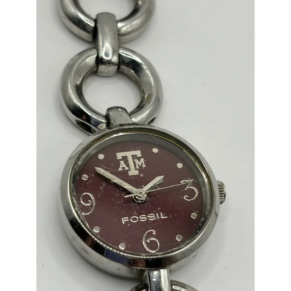 Fossil College Collection Texas A‎ & M Logo Maroon Face Silver Chain Watch - Image 6