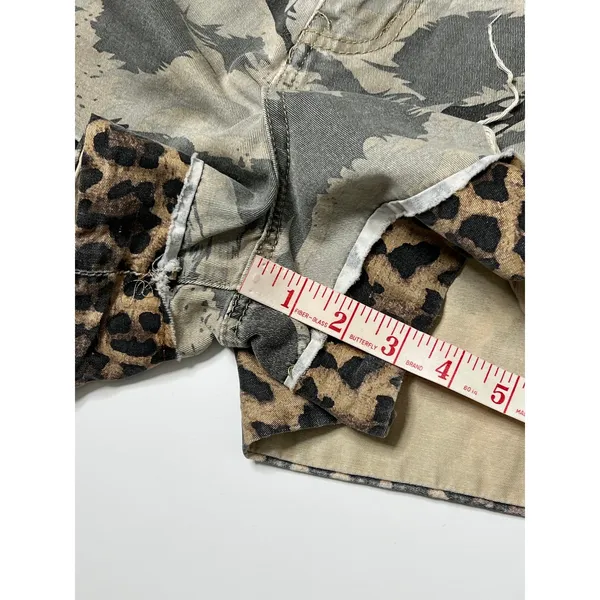 POL Camo Leopard Denim Shorts Size S Distressed Raw Hem Mixed Print Boho Shorts - Image 9