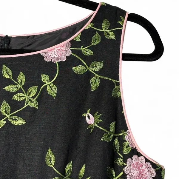 VTG Jessica Howard Embroidered Pink Roses Linen Blend Black Cocktail Dress Sz 14 - Image 2