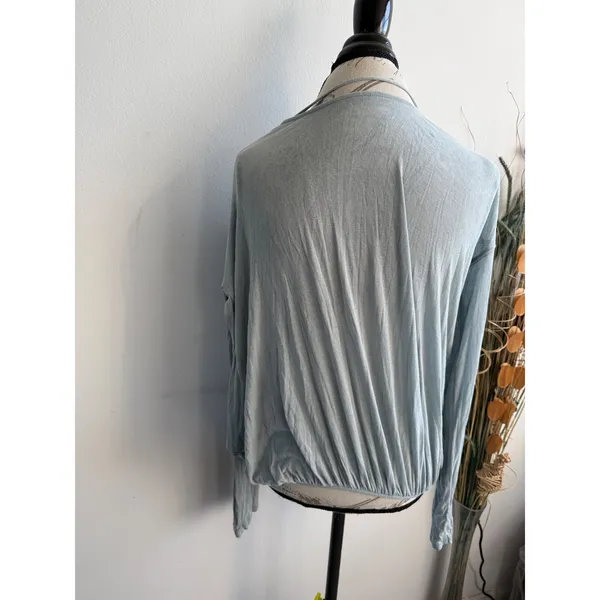 Free People Womens Surplice Wrap Top Dusty Blue Deep V-Neck‎ Long Sleeve Large - Image 2