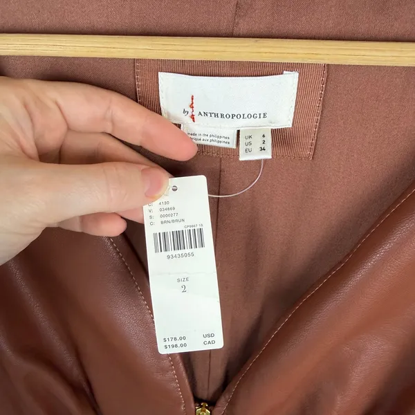 NWT By Anthropologie Vegan Leather Puff Sleeve Zip Front Midi Dress Size 2 Brown - Image 6