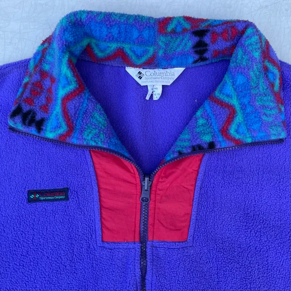 Columbia Vintage 90s Purple Sportswear Aztec Zip Up Fleece Jacket Sweater - Image 3