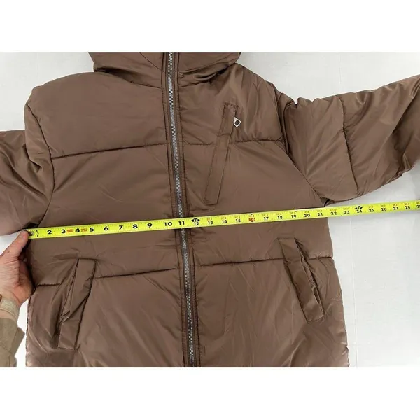 Shein Puffer Coat Jacket Sz L Brown Minimalist Trendy High Neck Normcore - Image 9