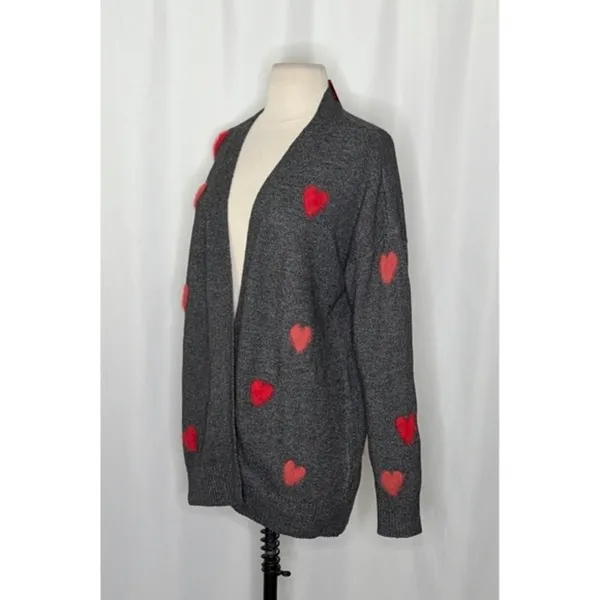 NWT!! CELEBRATE‎ TOGETHER Heart Cardigan Sweater Grey Pink Red Hearts Large - Image 4