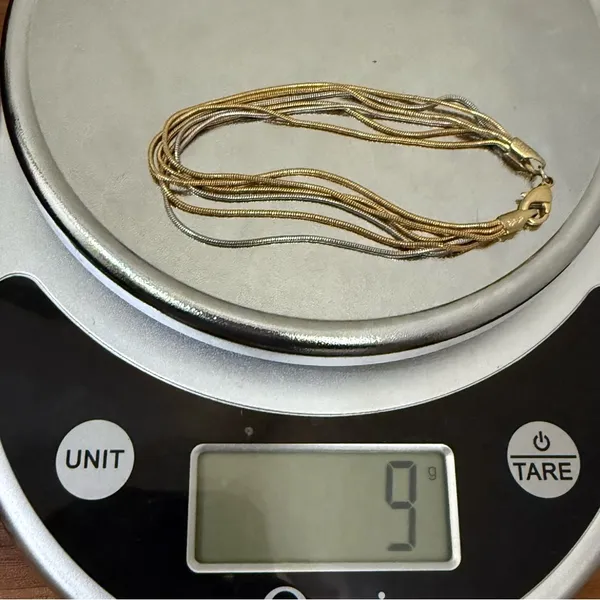 Vintage 18KGP 2-tone Gold & Silver Multi Strand Snake Chain 7.5” Bracelet 9g. - Image 11