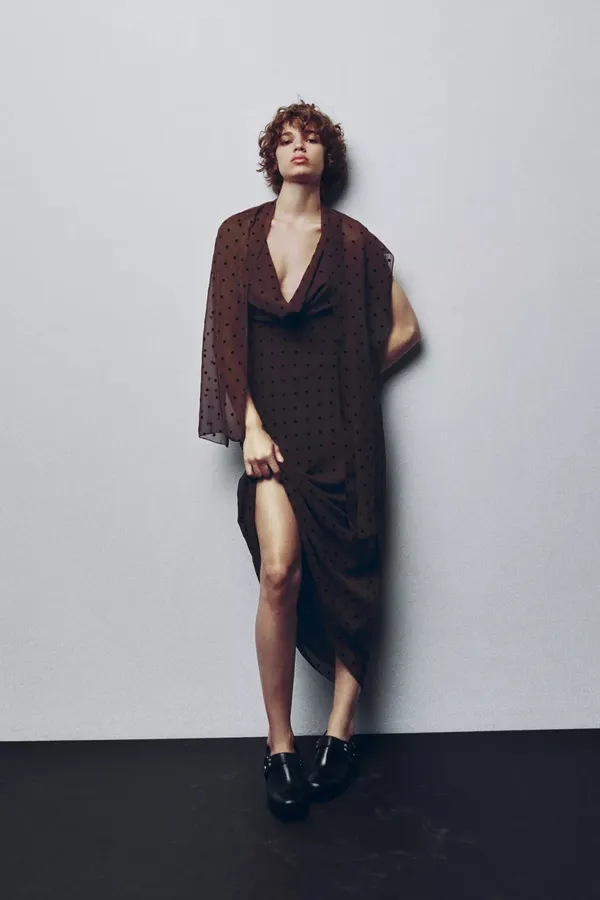 Zara Elegant Brown Polka Dot Halter scarf Dress evening party holiday - Image 20