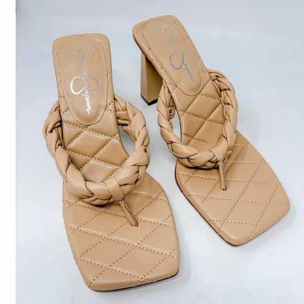 Jessica Simpson Zaliye Tan Faux Leather Braided Strap Slip On Heels NEW Size 8.5 - Image 7