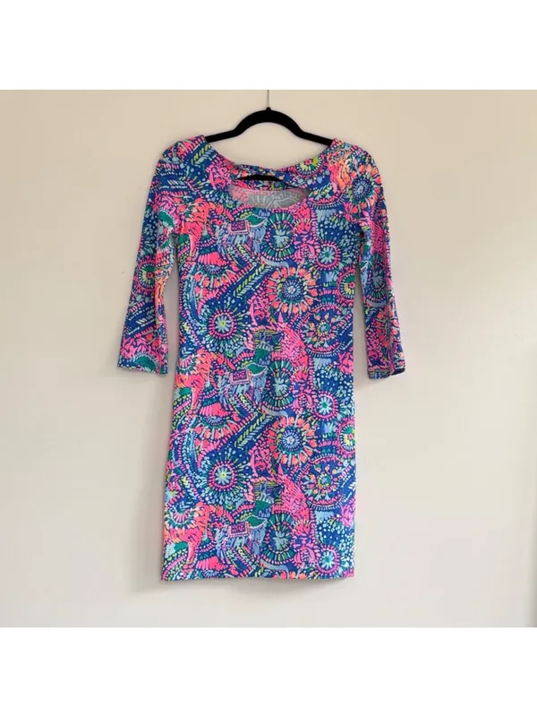 Lilly Pulitzer Style Bright Neon Long Sleeve Shift Dress Blue Pink Tropical XXS - Image 2