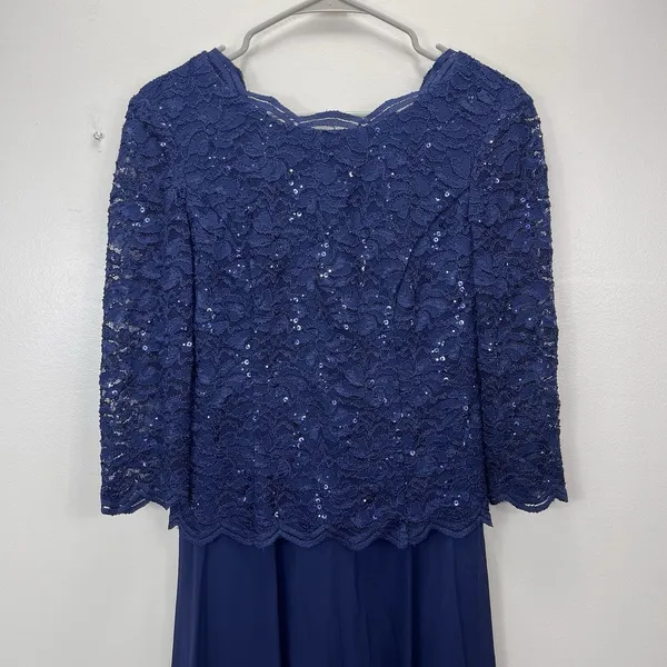 Alex Evenings Navy Blue Sequin Lace Chiffon Midi Special Occasion Dress Size‎ 6 - Image 5