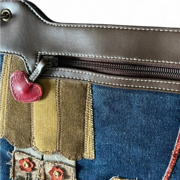 Brown leather jeans base shoulder bag Applique Embroidered Dog Purse Hand Bag. - Image 8