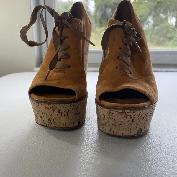 Gianvito Rossi Suede Cork Open Toe Lace Up Platform Shoes Orange/Beige Womens 37 - Image 15