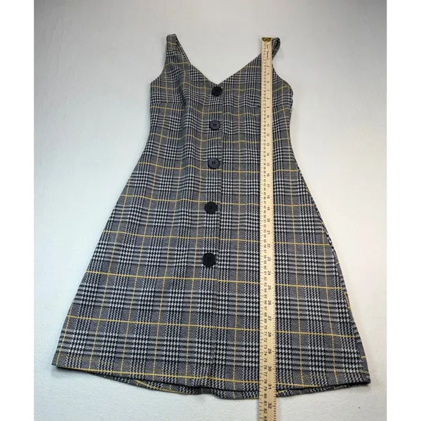 Grey‎ Yellow Plaid Button Front Mini Dress Sleeveless V-Neck A-Line Pinafore - Image 5