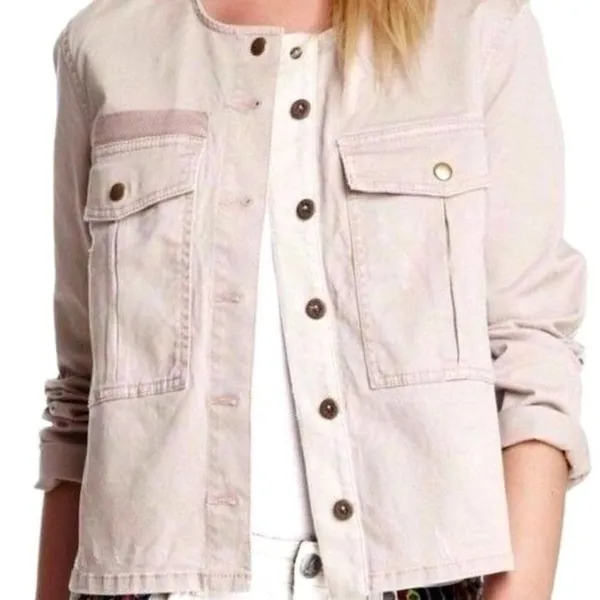 Free People Pink Distressed Button Front Crew Neck Lou‎ Military Jacket Size M - Image 2