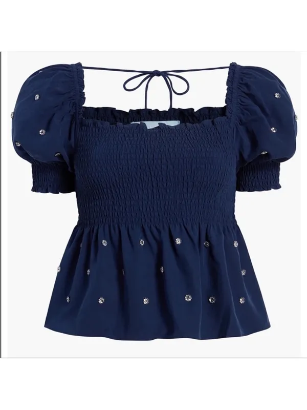 Hill House Home Jewel Jammy Top Navy Blue Smocked Peplum Puff Sleeve Size M - Image 13