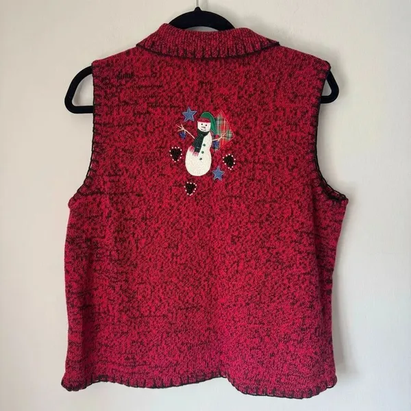 Vintage Red Christmas Sweater Vest Snowmen Reindeer Plaid Knit Size M Festive - Image 2