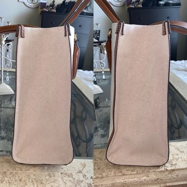 Tory Burch Blake Jumbo Tote‎ Bag Canvas Leather Trim Neutral Cream Brown Cuoio - Image 6