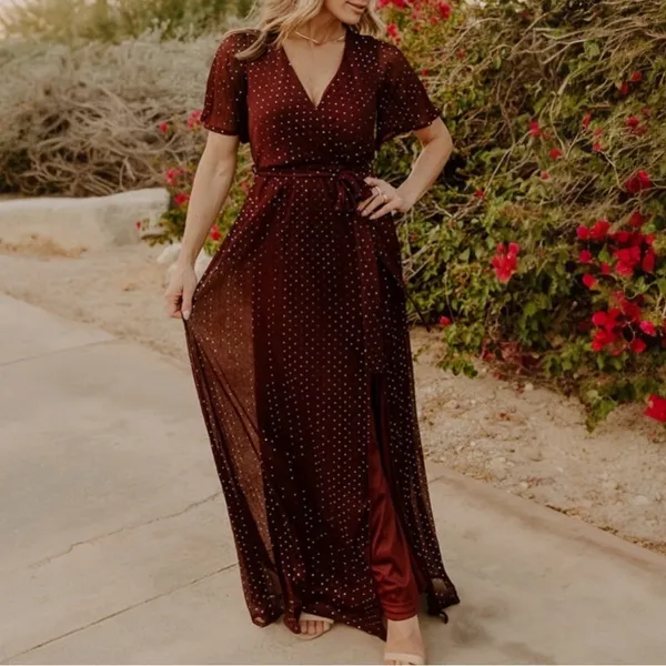 Baltic Born Grace Sparkle Sequin Maxi Dress Mulberry Faux Wrap Slit Size Medium - Image 4