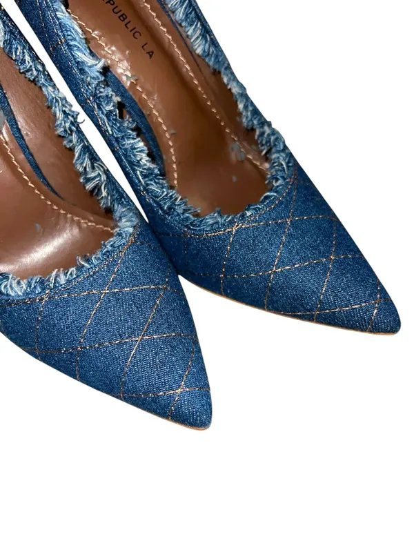 Shoe Republic Blue denim frayed trim high heels . 5” - Image 7