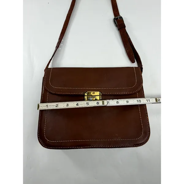 Vintage Brown Leather Crossbody Satchel Bag Contrast Stitch Brass Hardware - Image 5