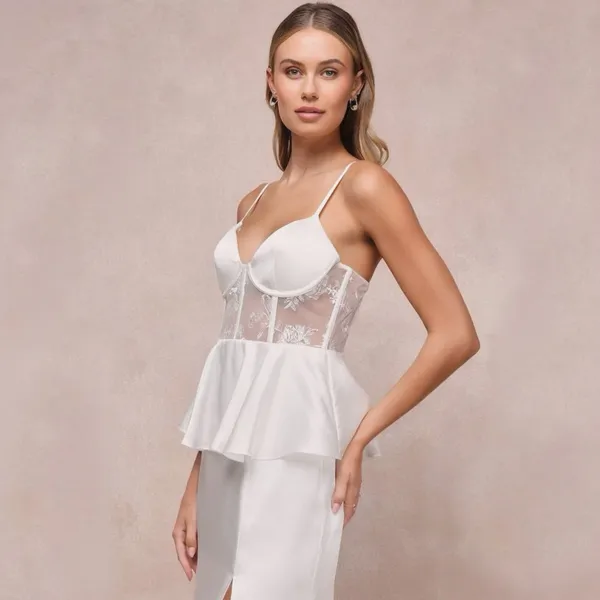 Lulus Iconic Adoration White Satin Peplum Sheer Bustier Maxi Dress Size M - Image 4