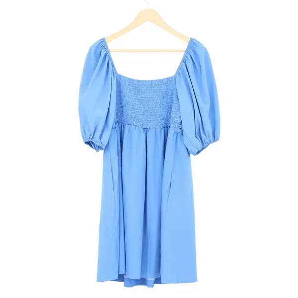 Blue Puff Sleeve Square Neck Pleated Mini Dress Large - Image 5