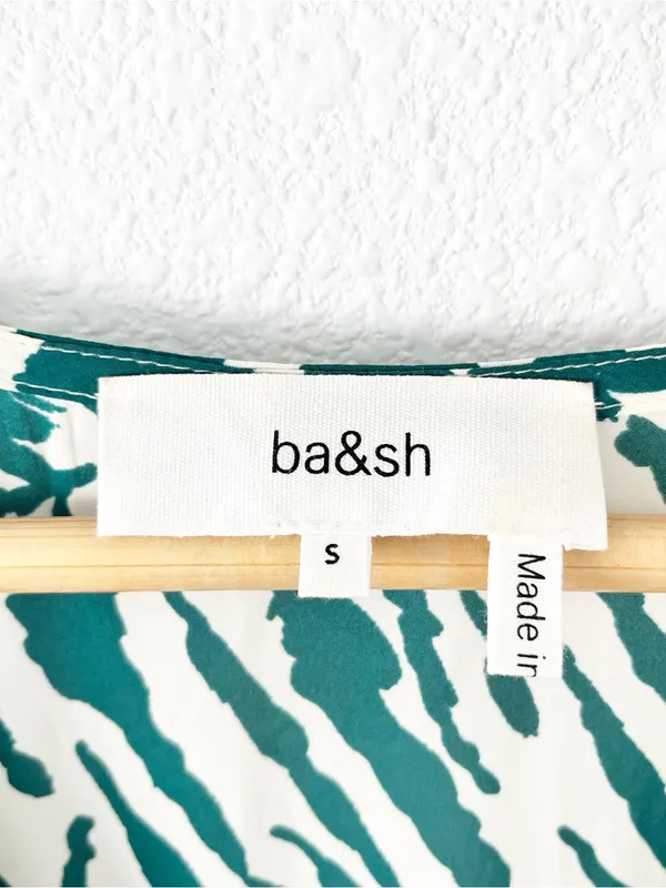 BA&SH Zebra Print Green Cream V-Neck Flowy Boho Mini Dress - Image 3