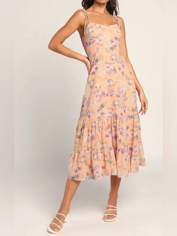 Lulus women’s Started With a Kiss Orange Floral Print Tie-Strap Tiered Dress L - Image 6