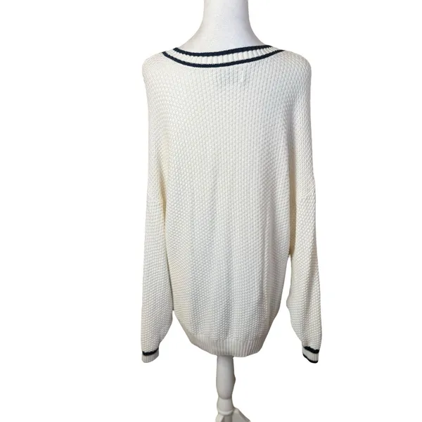 Hollister Preppy V-Neck Cream White Cable Knit Sweater‎ Medium Oversized Tennis - Image 5