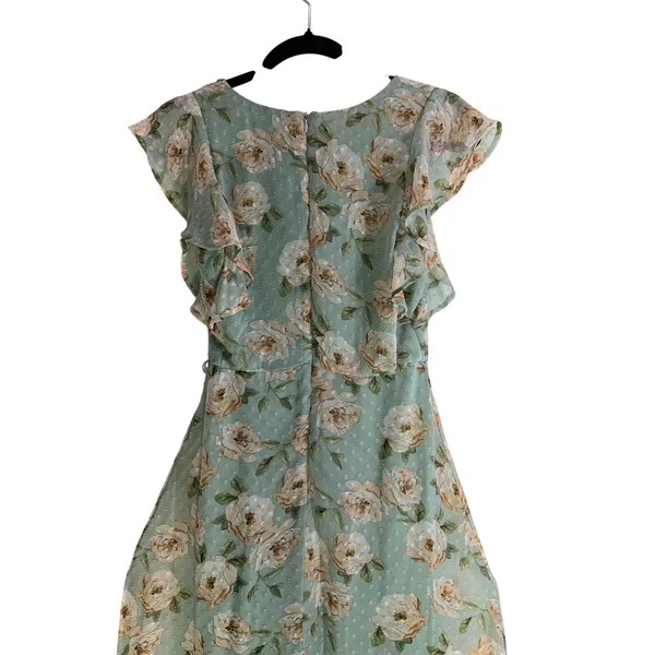 Altar’d State Green Floral Midi Dress Ruffle Sleeve V Neck No Belt - Image 4