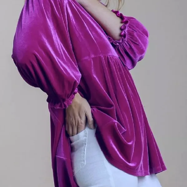 Umgee Small Magenta Velvet V Neck High Waist Balloon Sleeves Tunic Top/‎ dress - Image 2