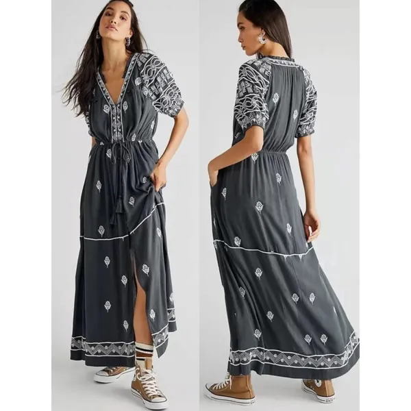 Free People Bohemian Witchy Riley Embroidered Midi Maxi Dress Duster Grey Medium - Image 3