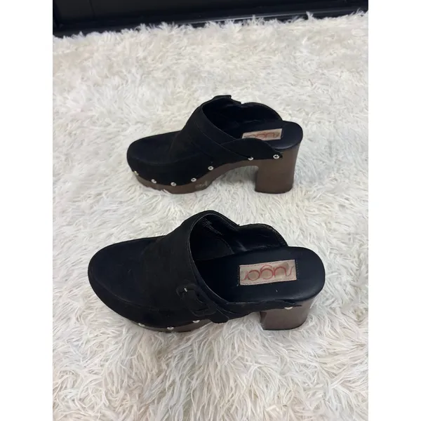 Sugar Black Suede Clogs Platform Studded‎ Heel 7.5M Brown Wood - Image 4