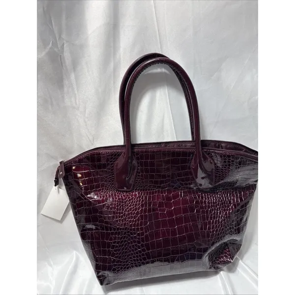 Brentwood Beauties Faux Leather Croc Tote Bag Purse Brown Shiny - Image 4