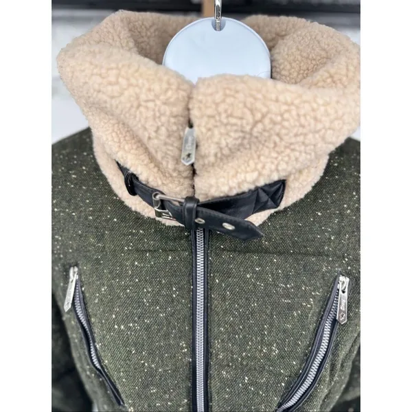 Sam Edelman Circus Women’s M Winter Jacket Faux Sherpa Collar Wool Tweed Green - Image 9