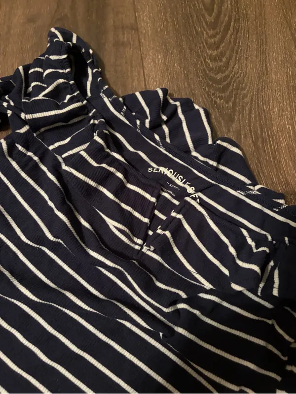 aerie Navy and White Striped Off-Shoulder Long Sleeve Top - Image 2