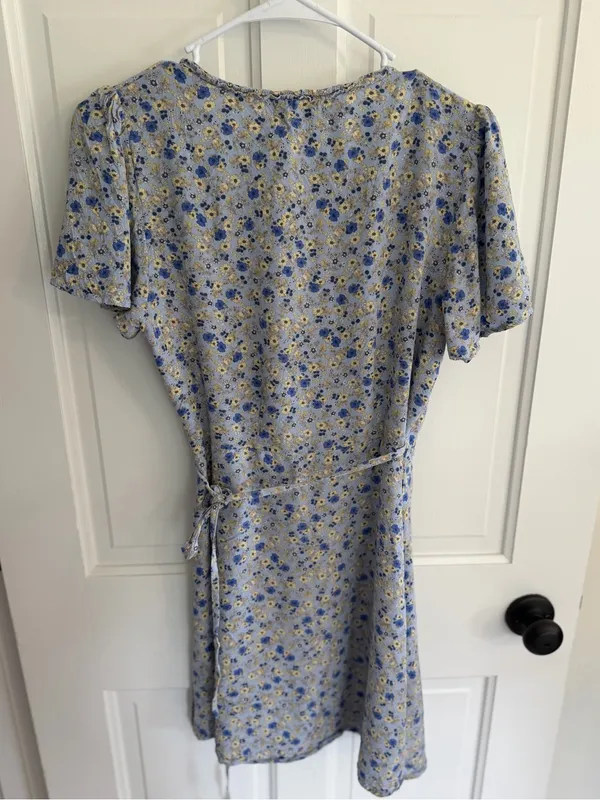 Natural Life Blue Floral Wrap Dress XS Boho Cottagecore Rayon Mini - Image 5