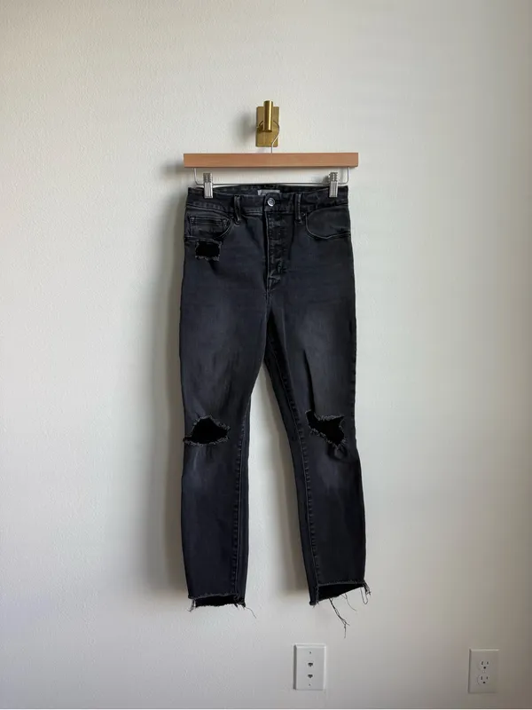 Good American Good Waist Crop Raw Step Jeans Black Distressed Size 27 - Image 2