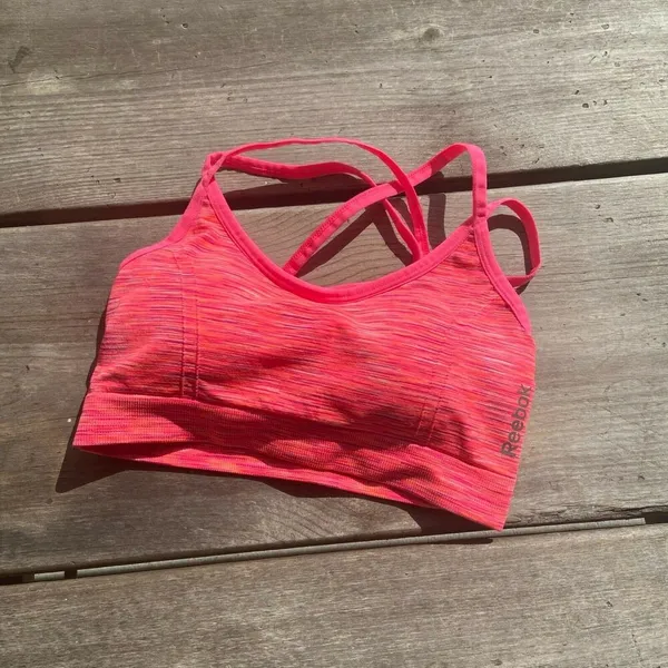 Reebok Womens Sports Bra Size XS Space Dye‎ Neon Pink Crop Top Strappy Pads - Image 6