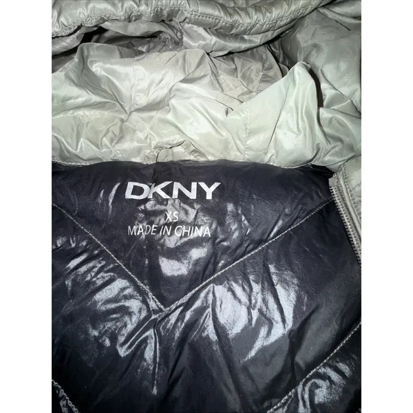 DKNY Women's Down Puffer Jacket XS Metallic Green Hooded Warm‎ Winter Coat - Image 2