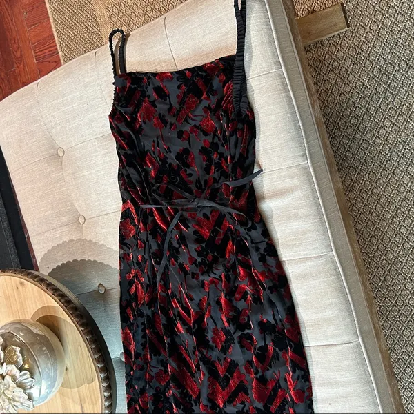 Silk Road 100% Silk Maroon Velvet Black Sheer Floral Double Layered Maxi Dress - Image 11