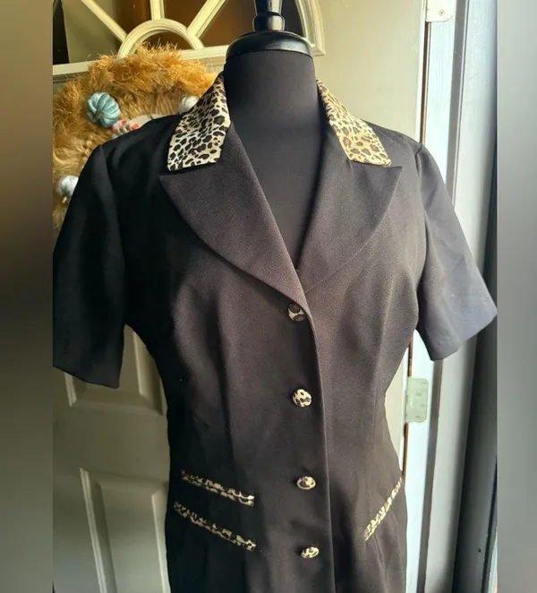 Vintage 90s Dress Savvy New York leopard trim blazer suit dress, size 12 - Image 2