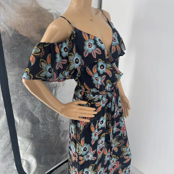 Ann Taylor Loft Floral Cold Shoulder Maxi Dress Navy Blue‎ Large Wrap Tie Waist - Image 13