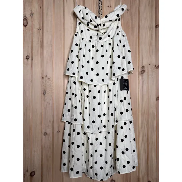 NWT Lulus Modie White Polka Dot Twist-Front Lace-Up Midi Dress Retro Party Sz M - Image 2