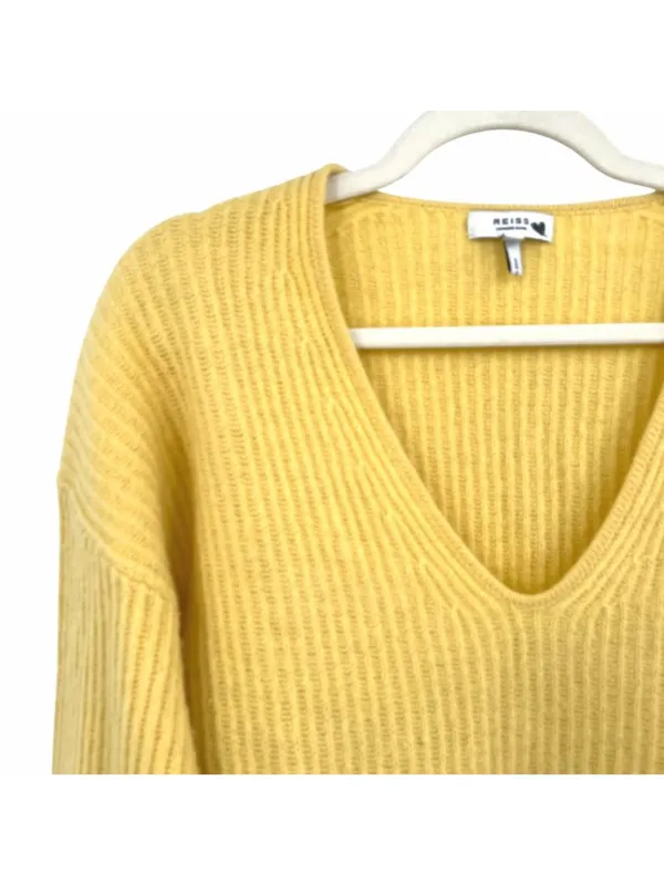 Reiss Yellow Wool Cashmere Blend Ribbed V-Neck Sweater Size Small Quiet Luxury - Image 3