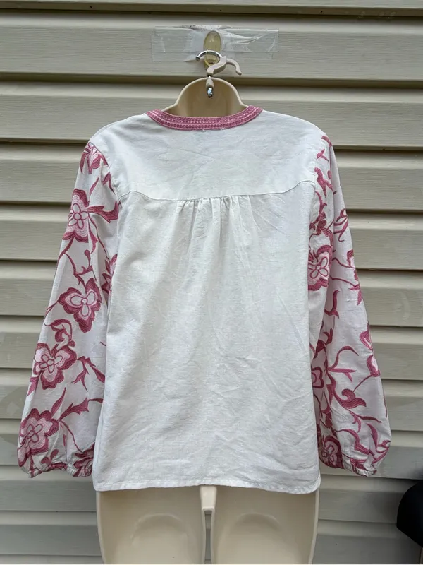 Calypso St. Barth Embroidered Linen Blend Blouse Women Small White Pink - Image 3